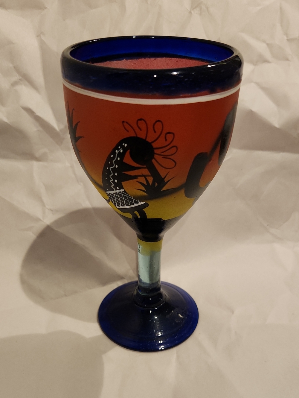 Hand Blown Cobalt Blue Wine Hand Painted Mexican Art Glass.